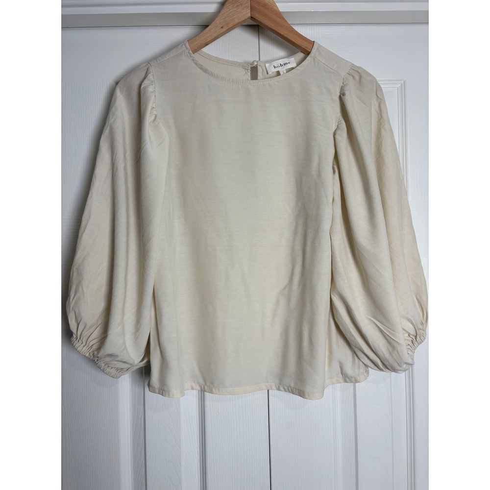 Böhme Cream Ivory Puff Sleeve Blouse Crew Neck Keyhole Back Size Small